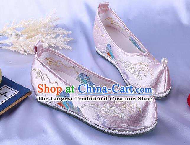 Chinese Ming Dynasty Embroidered Landscape Shoes Ancient Princess Bow Shoes Traditional Hanfu Pink Satin Shoes