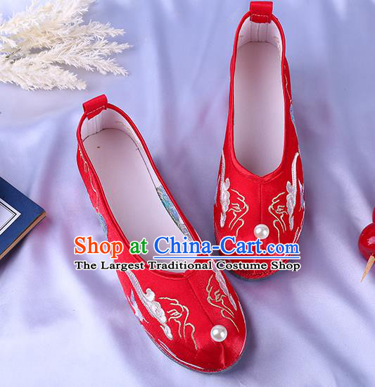 Chinese Traditional Wedding Red Satin Shoes Ming Dynasty Embroidered Landscape Shoes Ancient Bride Bow Shoes