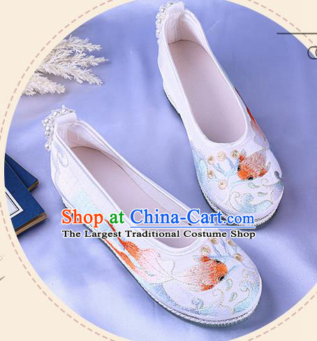 China National Embroidery Goldfish Shoes Traditional Handmade White Cloth Shoes Classical Dance Shoes