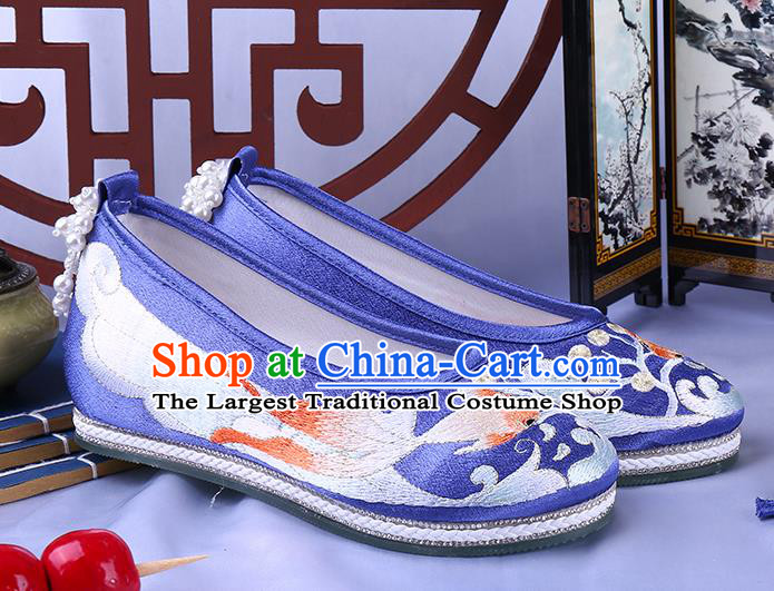 China Classical Dance Shoes National Embroidery Goldfish Shoes Traditional Handmade Blue Cloth Shoes