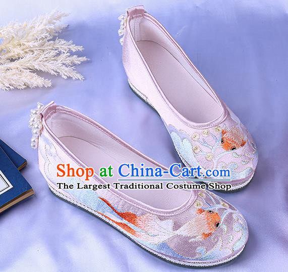 China National Embroidery Goldfish Shoes Traditional Dance Pink Cloth Shoes Classical Bride Shoes