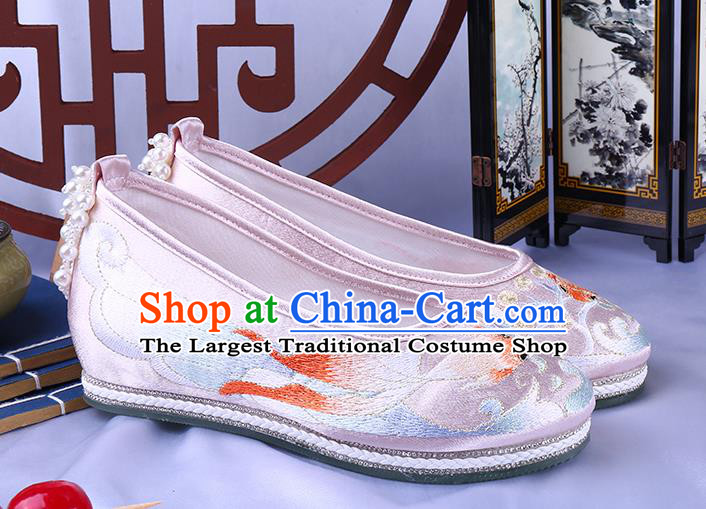 China National Embroidery Goldfish Shoes Traditional Dance Pink Cloth Shoes Classical Bride Shoes
