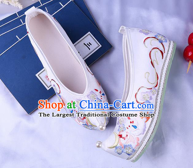 Chinese Traditional Hanfu Shoes Ming Dynasty Embroidered Bow Shoes Ancient Princess White Cloth Shoes