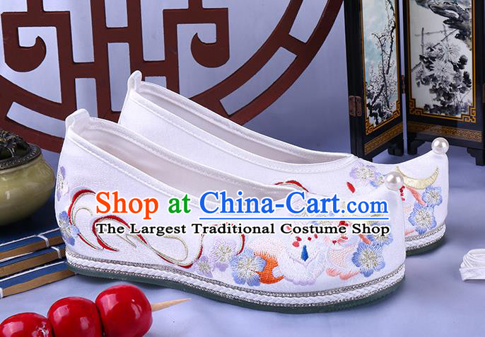 Chinese Traditional Hanfu Shoes Ming Dynasty Embroidered Bow Shoes Ancient Princess White Cloth Shoes