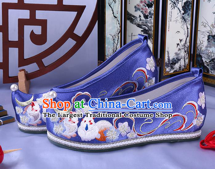 Chinese Ancient Princess Royalblue Satin Shoes Traditional Hanfu Shoes Ming Dynasty Embroidered Bow Shoes