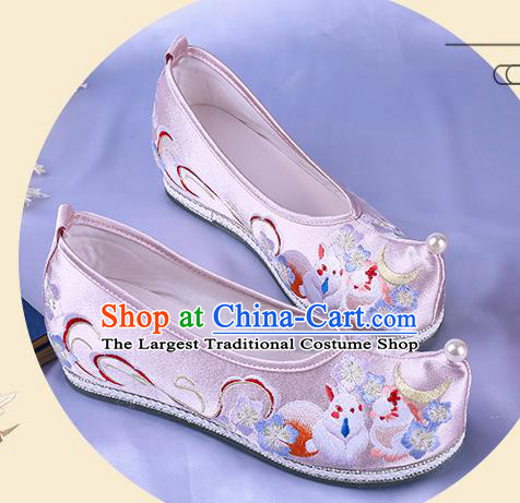 Chinese Ming Dynasty Embroidered Bow Shoes Ancient Princess Pink Satin Shoes Traditional Hanfu Shoes