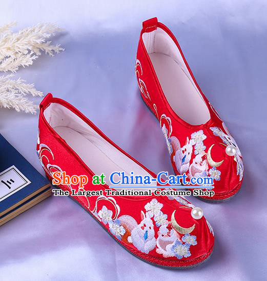 Chinese Traditional Wedding Hanfu Shoes Ming Dynasty Embroidered Bow Shoes Ancient Princess Red Satin Shoes