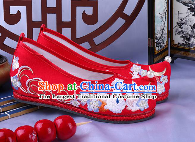 Chinese Traditional Wedding Hanfu Shoes Ming Dynasty Embroidered Bow Shoes Ancient Princess Red Satin Shoes