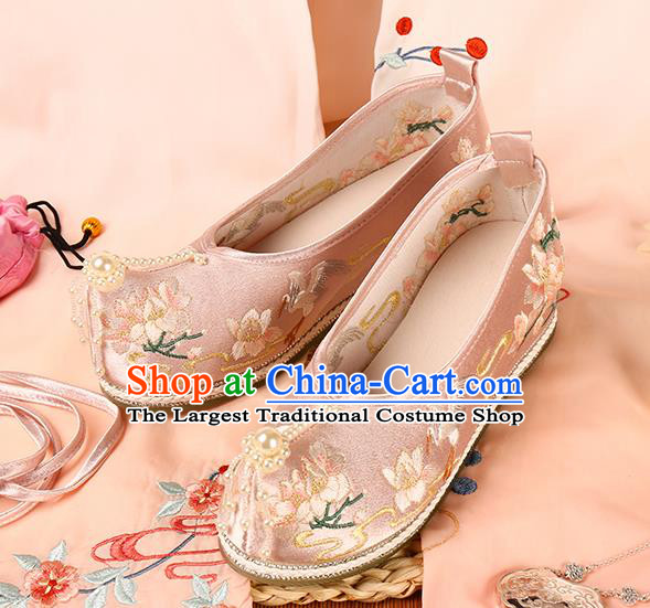 Chinese Traditional Pearls Toe Hanfu Shoes Ancient Ming Dynasty Princess Shoes Embroidered Pink Satin Shoes