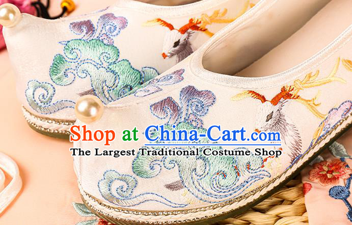 Chinese Traditional Hanfu Footwear Ancient Ming Dynasty Princess Shoes Embroidered Deer White Satin Shoes