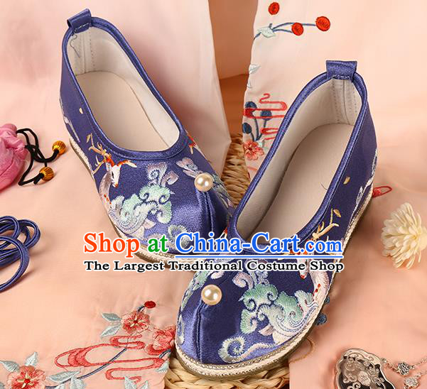 Chinese Ancient Ming Dynasty Princess Shoes Embroidered Deer Blue Satin Shoes Traditional Footwear Hanfu Shoes