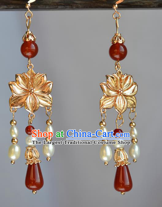 China Classical Pearls Tassel Ear Accessories Traditional Ming Dynasty Hanfu Golden Lotus Earrings
