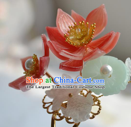 Chinese Traditional Song Dynasty Princess Hair Stick Ancient Palace Lady Red Lotus Goldfish Hairpin