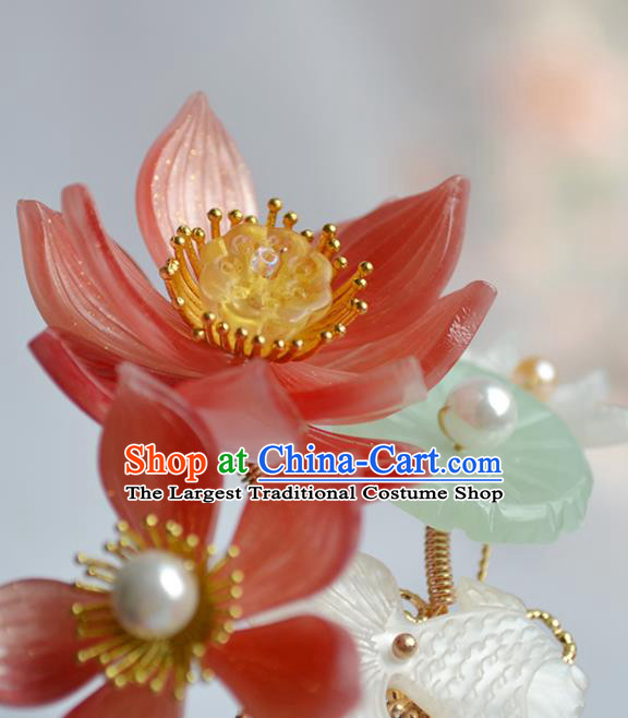 Chinese Traditional Song Dynasty Princess Hair Stick Ancient Palace Lady Red Lotus Goldfish Hairpin