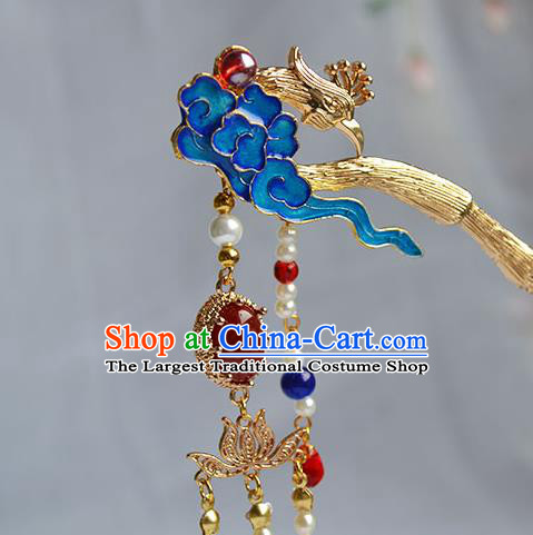 Chinese Traditional Hanfu Cloisonne Cloud Hair Stick Ancient Empress Pearls Tassel Hairpin