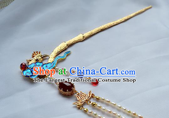 Chinese Traditional Hanfu Cloisonne Cloud Hair Stick Ancient Empress Pearls Tassel Hairpin