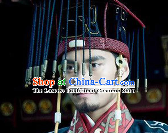 Chinese Ancient Emperor Tassel Hat Handmade Traditional Qin Dynasty Monarch Headwear