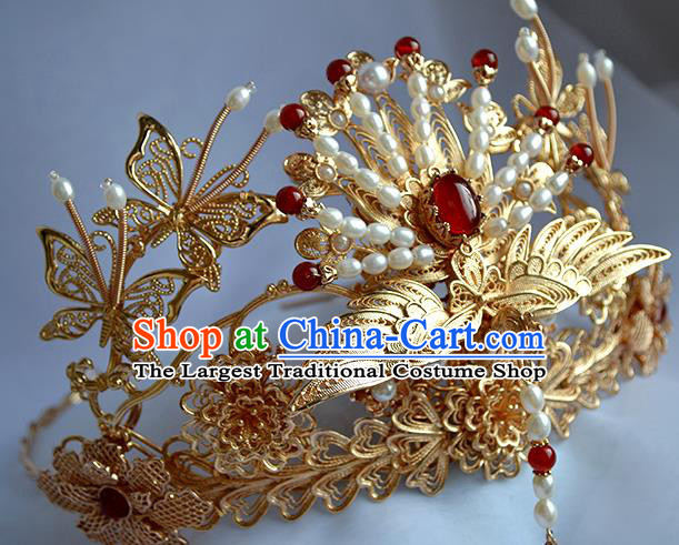 Chinese Traditional Wedding Hair Accessories Ancient Ming Dynasty Bride Golden Phoenix Hair Crown