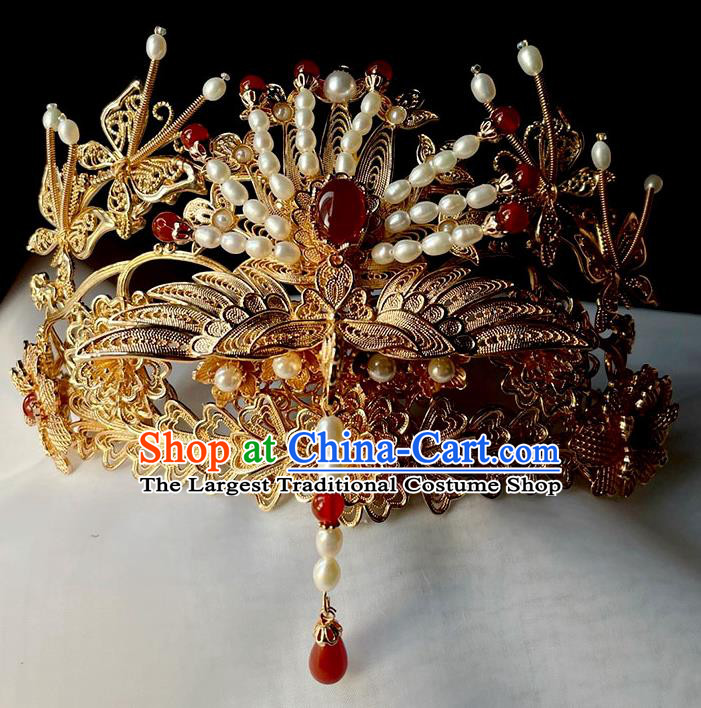 Chinese Traditional Wedding Hair Accessories Ancient Ming Dynasty Bride Golden Phoenix Hair Crown