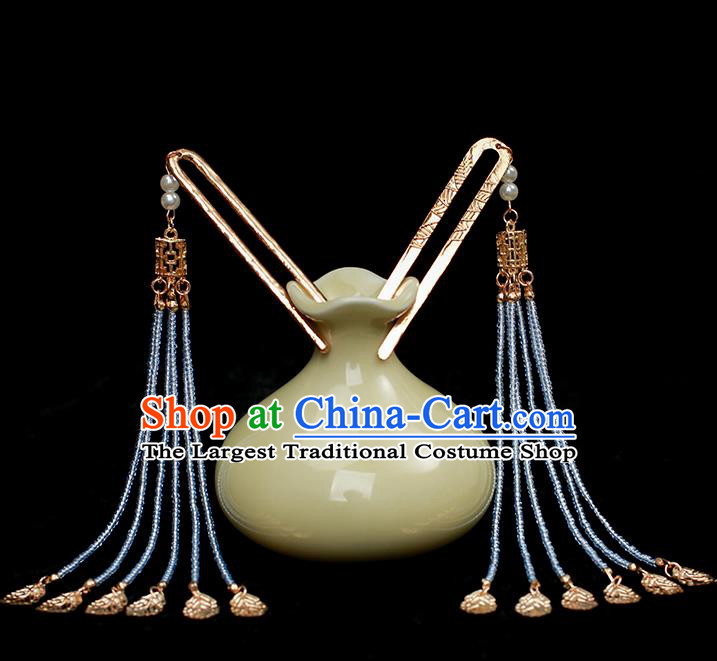 Chinese Traditional Tang Dynasty Palace Lady Hair Stick Ancient Princess Golden Leaf Tassel Hairpin