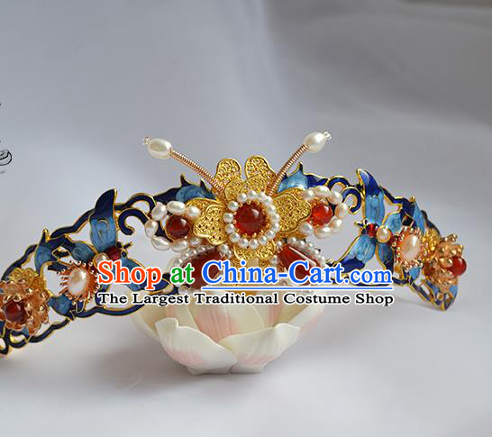 Chinese Traditional Ming Dynasty Court Woman Hair Accessories Ancient Empress Cloisonne Butterfly Hair Crown