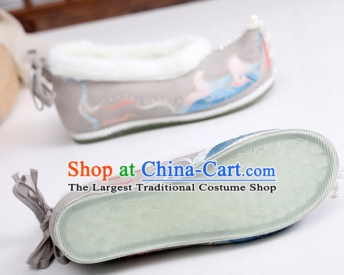 China Traditional Hanfu Winter Shoes Ming Dynasty Pearls Tassel Shoes Embroidered Grey Cloth Shoes Ancient Shoes