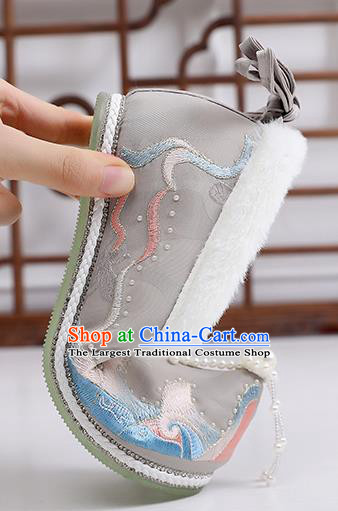 China Traditional Hanfu Winter Shoes Ming Dynasty Pearls Tassel Shoes Embroidered Grey Cloth Shoes Ancient Shoes