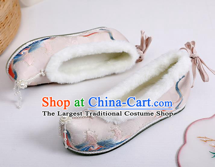 China Ancient Shoes Traditional Hanfu Winter Shoes Ming Dynasty Pearls Tassel Shoes Embroidered Pink Cloth Shoes
