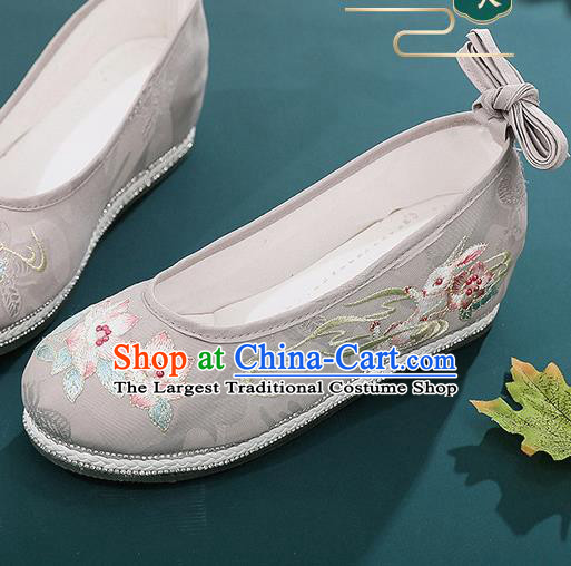 Chinese National Woman Grey Cloth Shoes Embroidery Flowers Shoes Traditional Hanfu Shoes