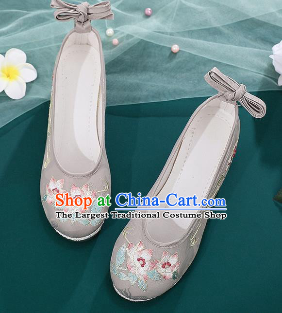 Chinese National Woman Grey Cloth Shoes Embroidery Flowers Shoes Traditional Hanfu Shoes
