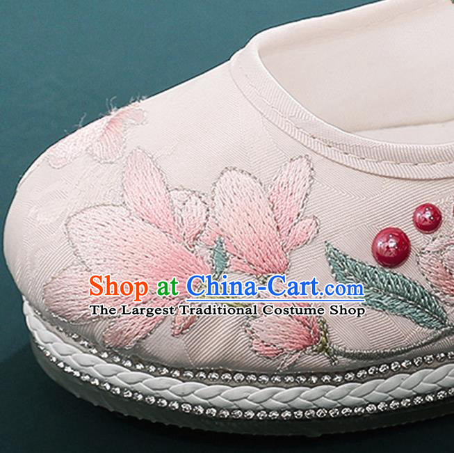 Chinese Classical Dance Shoes Embroidery Mangnolia Shoes Traditional Hanfu Beige Cloth Shoes