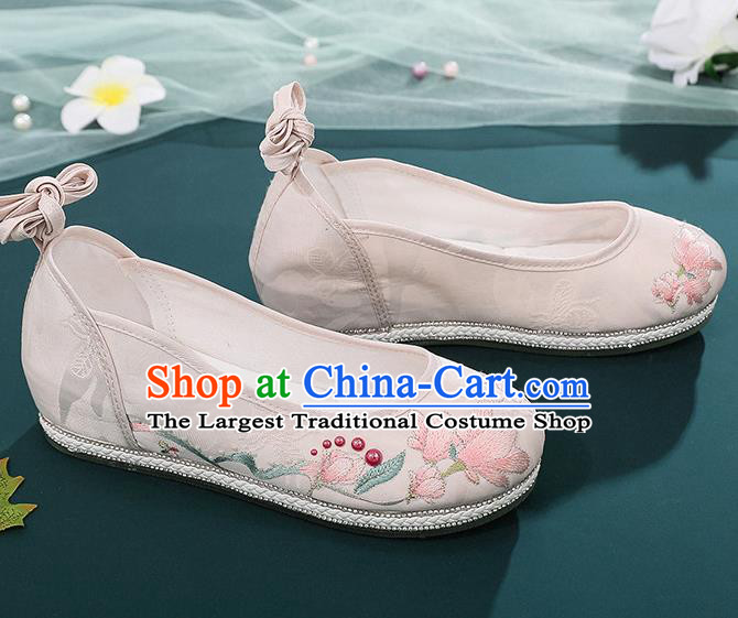 Chinese Classical Dance Shoes Embroidery Mangnolia Shoes Traditional Hanfu Beige Cloth Shoes