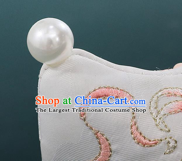 China Embroidered Mangnolia Shoes Ancient White Cloth Shoes Traditional Hanfu Pearls Shoes Ming Dynasty Princess Bow Shoes