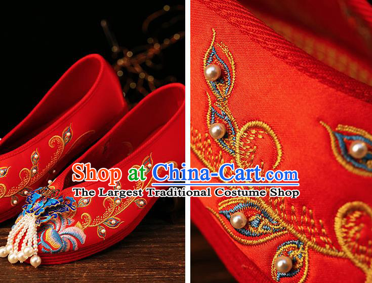 Chinese Cloisonne Butterfly Shoes Traditional Xiuhe Red Cloth Shoes Classical Wedding Bride Shoes