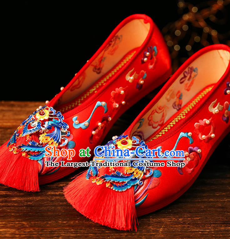 Chinese Cloisonne Butterfly Shoes Traditional Xiuhe Red Cloth Shoes Classical Wedding Bride Shoes