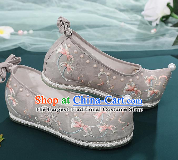China Ming Dynasty Princess Bow Shoes Embroidered Mangnolia Shoes Ancient Grey Cloth Shoes Traditional Hanfu Pearls Shoes