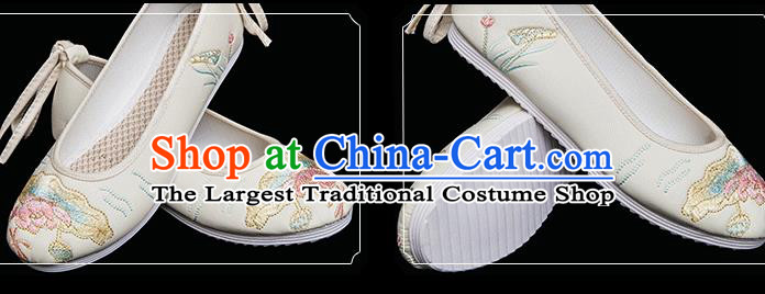 Chinese Traditional Embroidered Lotus Shoes Handmade Beige Cloth Shoes Classical Dance Shoes