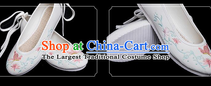 Chinese Classical Dance Shoes Traditional Embroidered Butterfly Shoes Handmade White Cloth Shoes