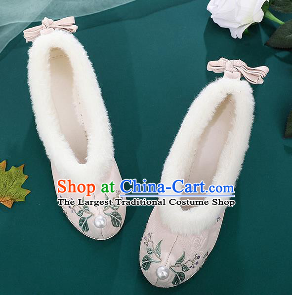 China Embroidered Pink Cloth Shoes Traditional Winter Hanfu Shoes Ancient Ming Dynasty Princess Bow Shoes