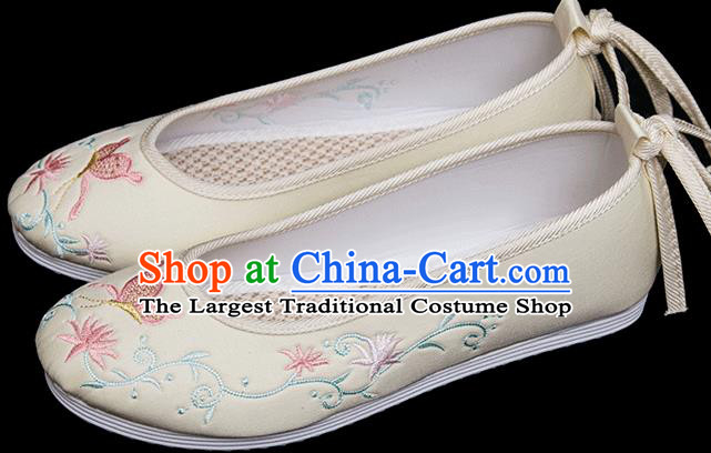 Chinese National Woman Light Yellow Cloth Shoes Classical Dance Shoes Traditional Embroidered Butterfly Shoes