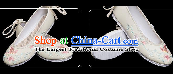 Chinese National Woman Light Yellow Cloth Shoes Classical Dance Shoes Traditional Embroidered Butterfly Shoes