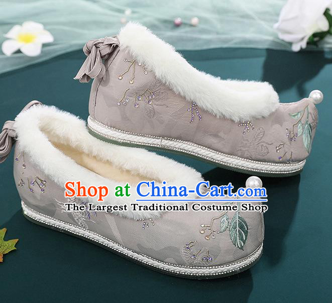 China Ancient Ming Dynasty Princess Bow Shoes Embroidered Grey Cloth Shoes Traditional Winter Hanfu Shoes