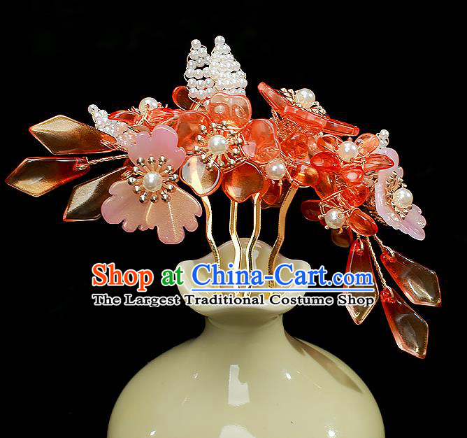 Chinese Ancient Princess Red Flowers Hairpin Traditional Ming Dynasty Hanfu Hair Comb