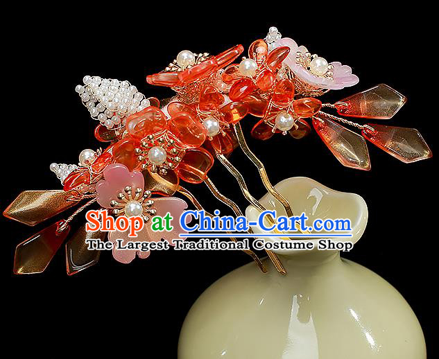 Chinese Ancient Princess Red Flowers Hairpin Traditional Ming Dynasty Hanfu Hair Comb