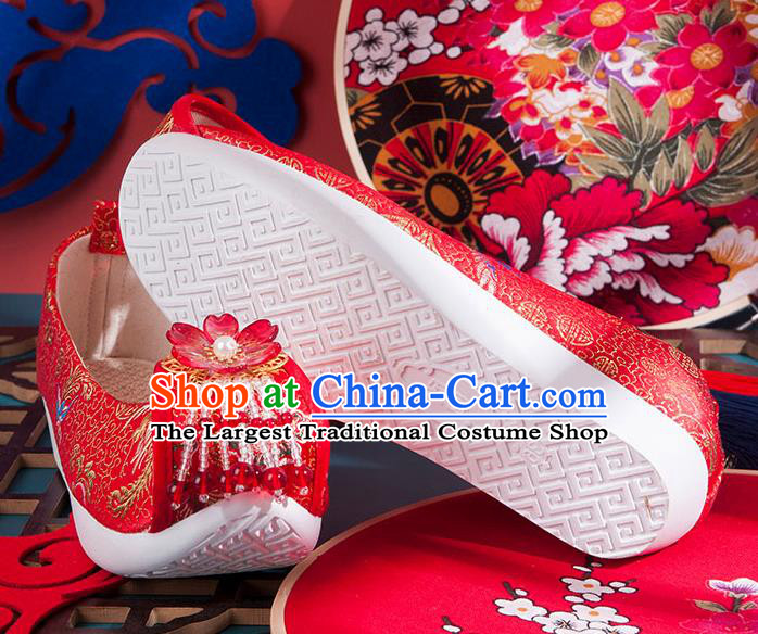 China Ancient Hanfu Shoes Handmade Red Brocade Shoes Traditional Ming Dynasty Wedding Shoes