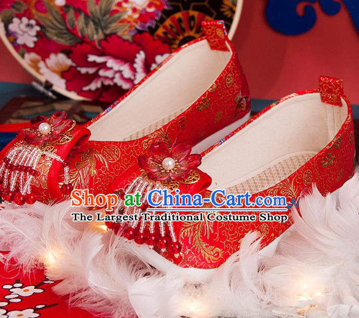 China Ancient Hanfu Shoes Handmade Red Brocade Shoes Traditional Ming Dynasty Wedding Shoes