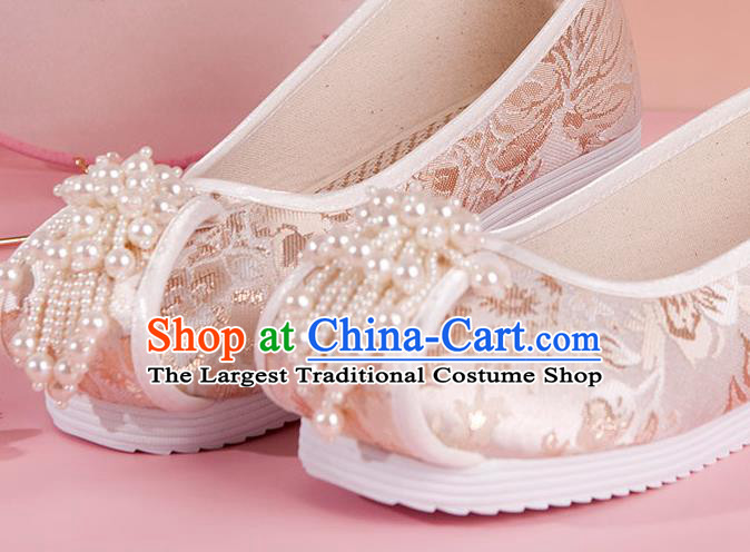 China Handmade Champagne Brocade Shoes Traditional Ming Dynasty Princess Pearls Tassel Shoes Ancient Hanfu Shoes