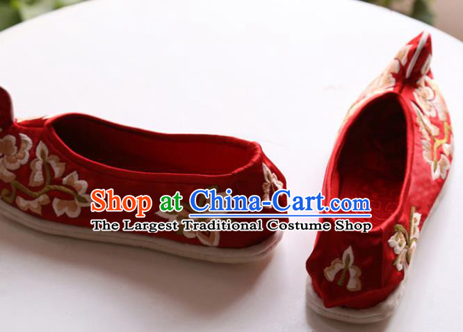 Chinese Traditional Wedding Shoes National Bride Shoes Embroidered Red Satin Shoes