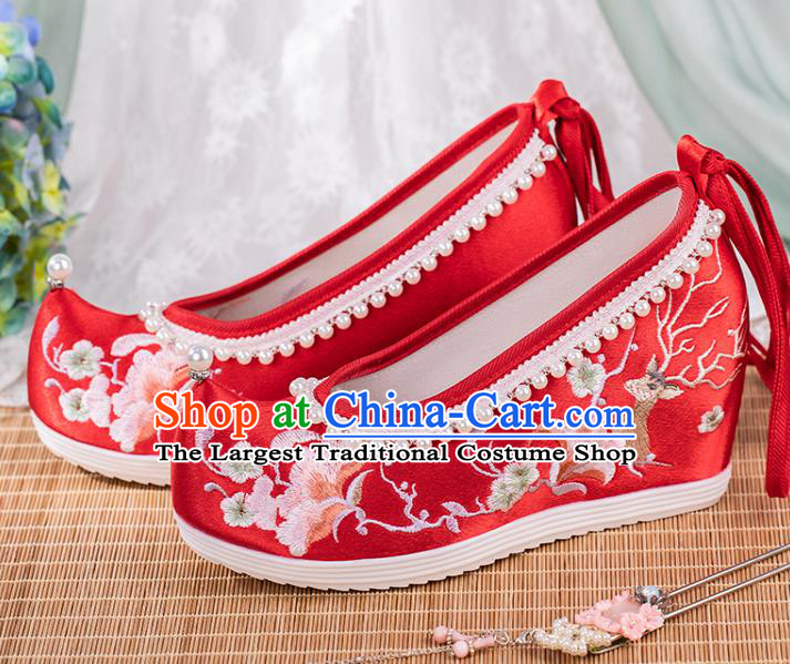 Chinese Classical Wedding Wedge Heel Shoes National Embroidered Red Satin Shoes Traditional Pearls Hanfu Shoes
