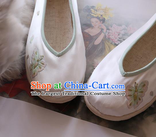 Chinese Hand Embroidered Butterfly White Satin Shoes Traditional National Strong Cloth Soles Shoes Ethnic Woman Shoes